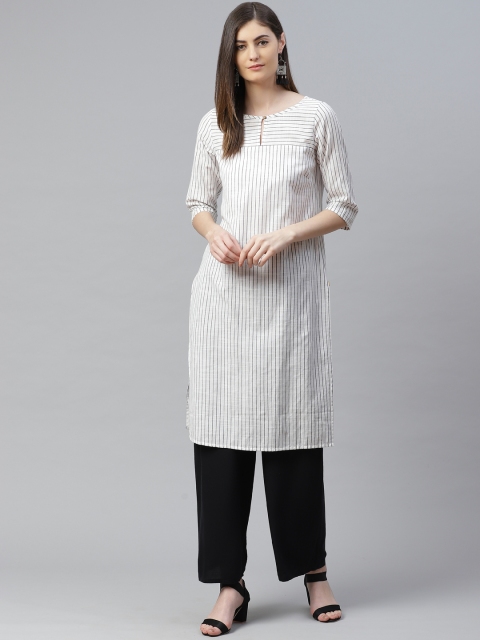 

AURELIA Women White & Charcoal Grey Pure Cotton Striped Straight Kurta