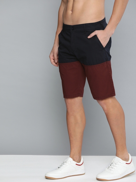 

HERE&NOW Men Navy Blue & Maroon Colourblocked Regular Fit Cotton Shorts