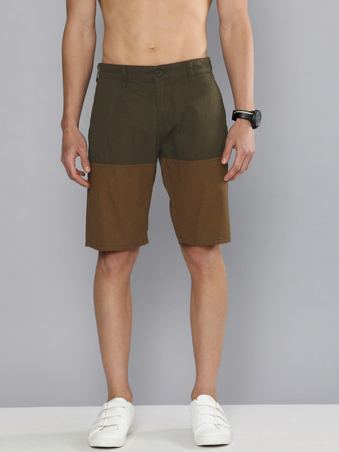

HERE&NOW Men Olive Green & Brown Colourblocked Slim Fit Pure Cotton Regular Shorts
