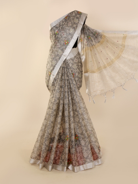 

Pothys Grey Mirror Work Printed Tissue Saree