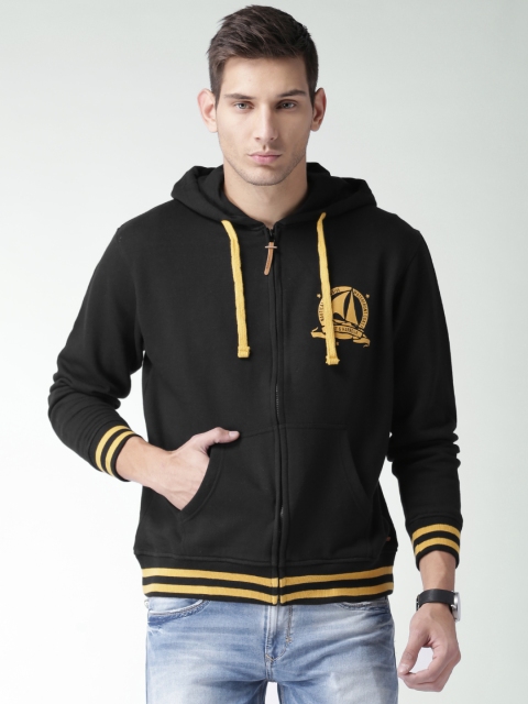 

Mast & Harbour Men Black Solid Front Open Hooded Sweatshirt