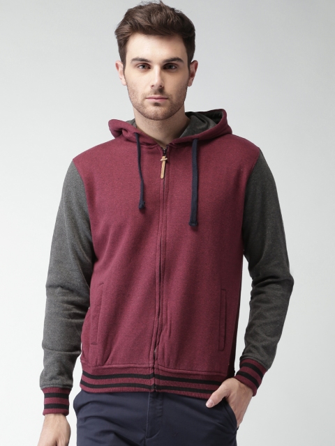 

Mast & Harbour Men Burgundy & Charcoal Grey Hooded Sweatshirt