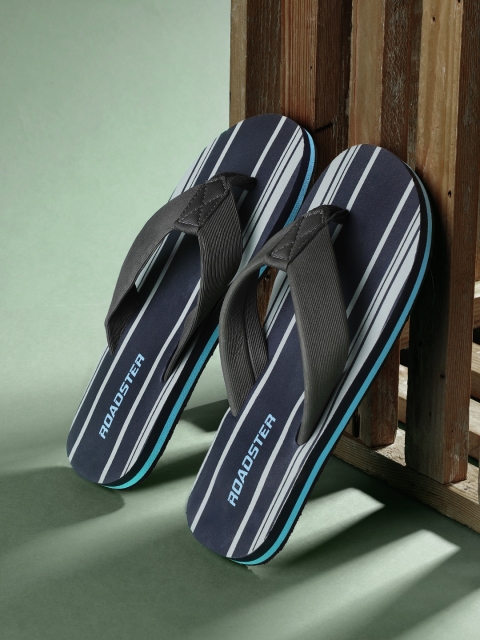 

Roadster Men Grey & Navy Blue Striped Thong Flip-Flops