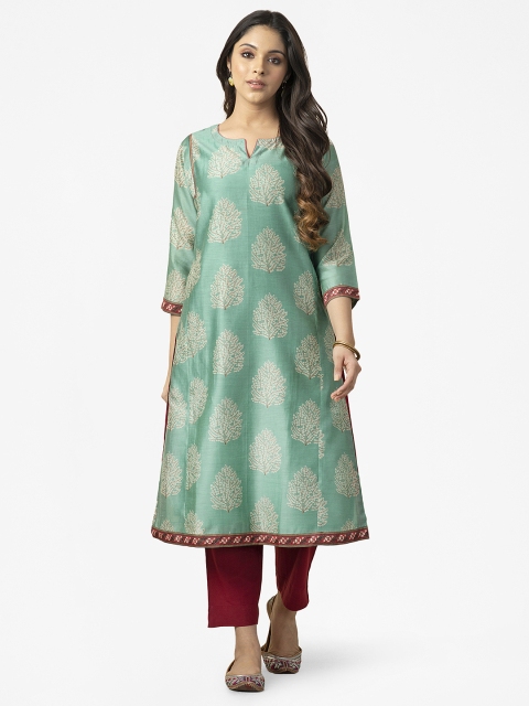 

Fabindia Women Green & White Printed A-Line Kurta