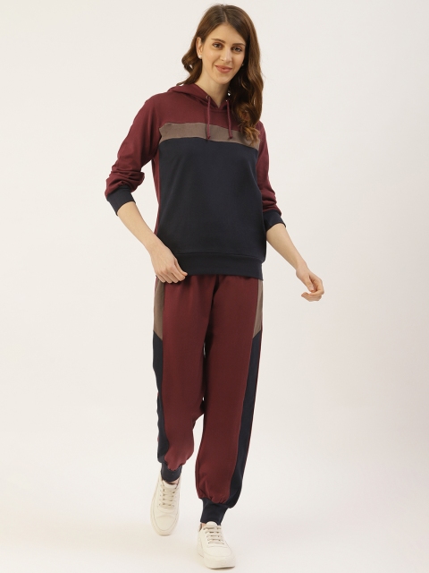 

Laabha Women Maroon & Navy Blue Colourblocked Tracksuit