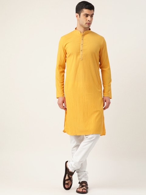 

Manyavar Men Yellow & White Woven Design Kurta with Churidar
