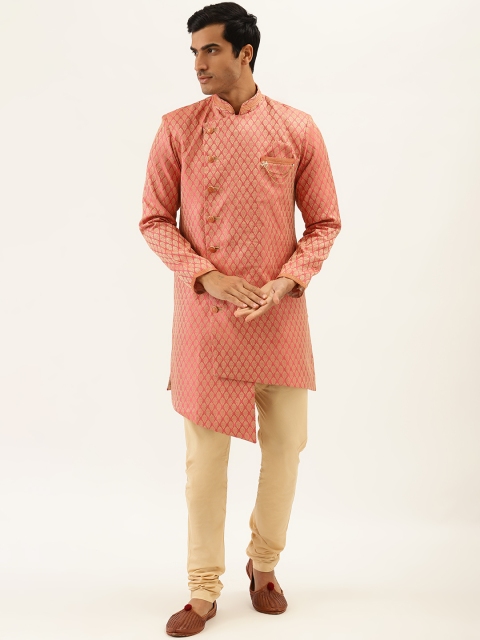 

Manyavar Men Pink & Golden Woven Design Kurta with Churidar