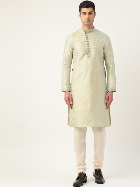 

Manyavar Men Green & Cream-Coloured Jacquard Woven Design Kurta with Churidar