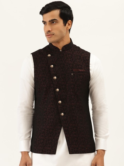 

Manyavar Men Black & Pink Jacquard Design Nehru Jacket