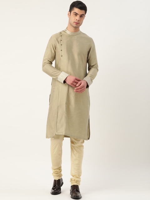 

Manyavar Men Green & Cream-Coloured Solid Kurta with Churidar