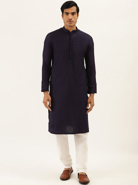 

Manyavar Men Navy Blue Self Design Kurta with Churidar