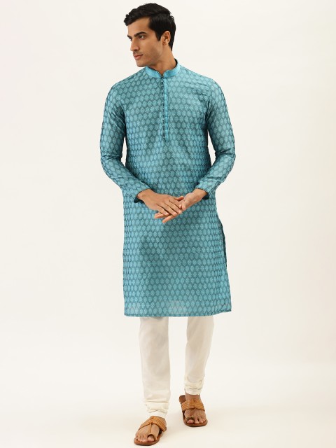 

Manyavar Men Blue Embroidered Kurta with Churidar