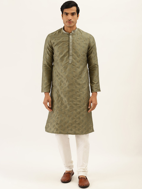 

Manyavar Men Olive Green & White Embroidered Kurta with Churidar