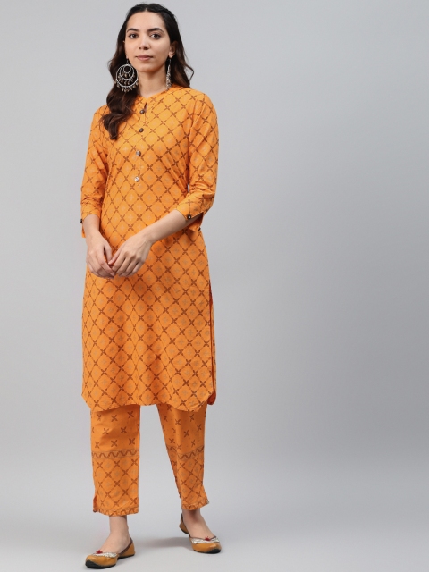 

HIGHLIGHT FASHION EXPORT Women Yellow & Taupe Printed Kurta with Trousers, Mustard
