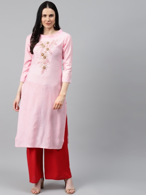 

HIGHLIGHT FASHION EXPORT Women Pink & Golden Ethnic Yoke Design Zardozi Handwork Kurta