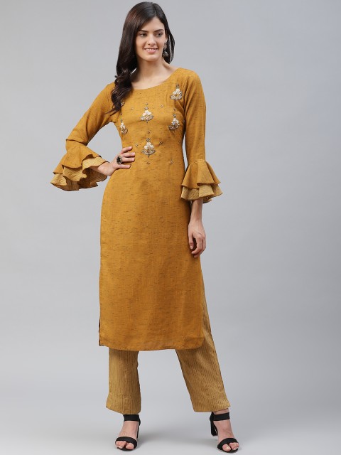 

HIGHLIGHT FASHION EXPORT Women Mustard Yellow & Golden Woven Zardozi Kurta with Trousers