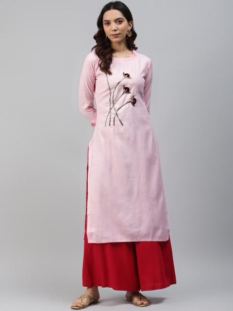 

HIGHLIGHT FASHION EXPORT Women Pink Zardozi Handwork Straight Kurta