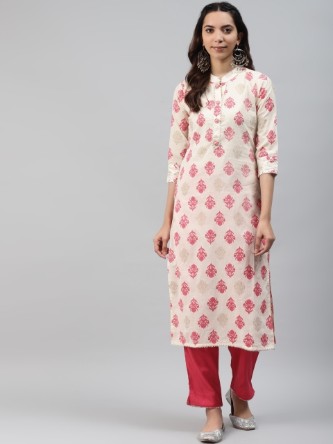 

HIGHLIGHT FASHION EXPORT Women Cream-Coloured & Pink Printed Kurta with Trousers