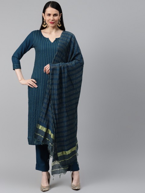 

HIGHLIGHT FASHION EXPORT Teal Blue & Golden Embroidered Kurta with Trousers & Dupatta
