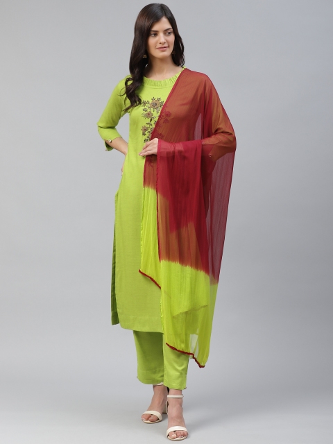 

HIGHLIGHT FASHION EXPORT Women Green & Maroon Yoke Design Kurta with Trousers & Dupatta