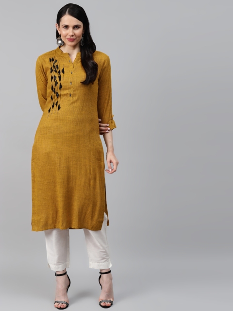 

HIGHLIGHT FASHION EXPORT Women Mustard Brown & Black Woven Design Handwork Zardozi Kurta