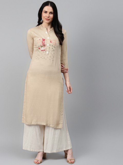 

HIGHLIGHT FASHION EXPORT Women Beige Geometric Embroidered Thread Work Kurta