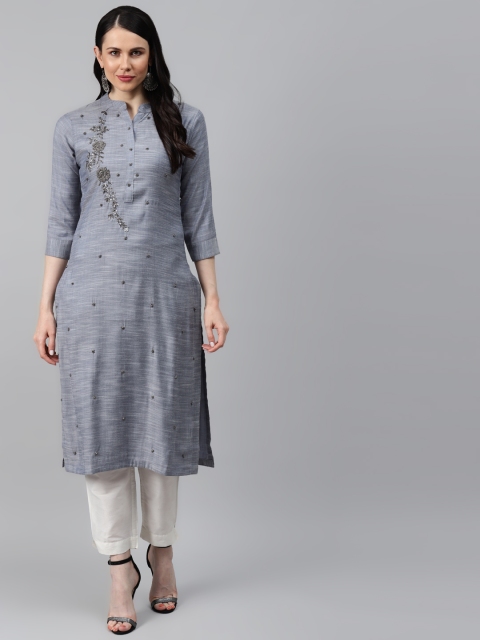 

HIGHLIGHT FASHION EXPORT Women Grey Handwork Yoke Design Zardozi Kurta
