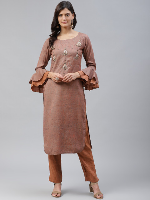 

HIGHLIGHT FASHION EXPORT Women Taupe Yoke Design Kurta with Trousers