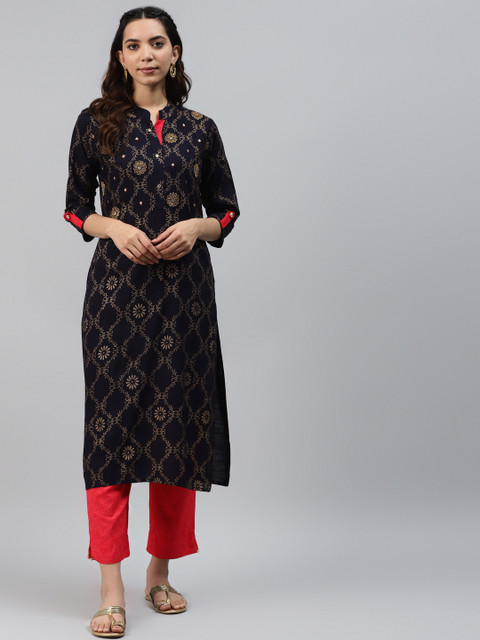 

HIGHLIGHT FASHION EXPORT Women Black & Red Printed Kurta with Trousers