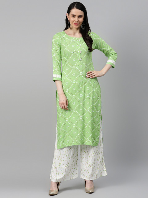 

HIGHLIGHT FASHION EXPORT Women Green & White Printed Kurta with Palazzos