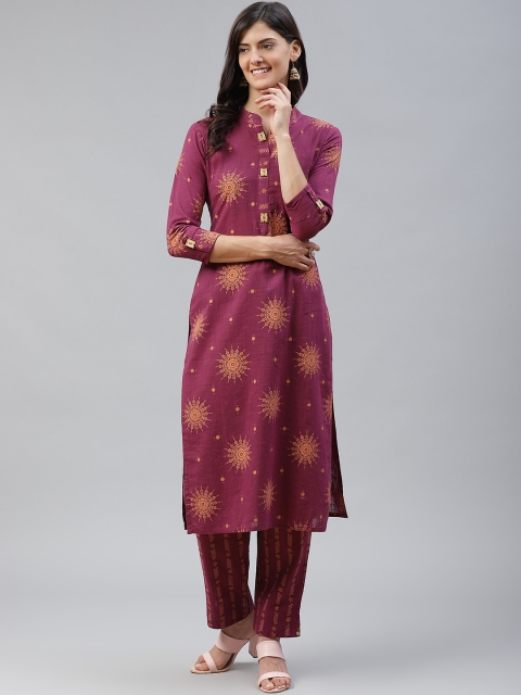 

HIGHLIGHT FASHION EXPORT Women Purple & Orange Ethnic Motifs Print Kurta with Trousers
