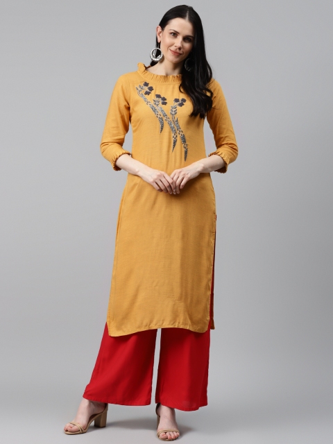 

HIGHLIGHT FASHION EXPORT Women Mustard Yellow Handwork Yoke Design Kurta