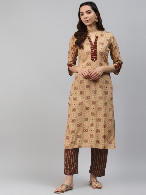 

HIGHLIGHT FASHION EXPORT Women Beige & Brown Printed Kurta with Trousers