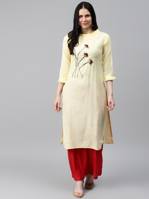

HIGHLIGHT FASHION EXPORT Women Yellow Zardozi Handwork Straight Kurta