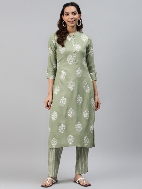 

HIGHLIGHT FASHION EXPORT Women Green & White Printed Kurta with Trousers