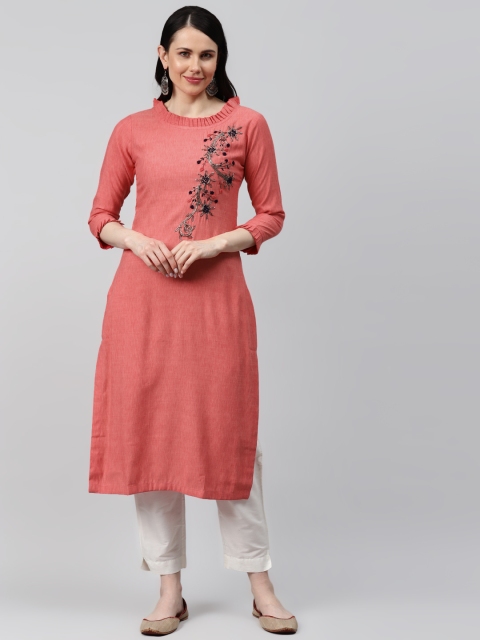 

HIGHLIGHT FASHION EXPORT Women Coral Pink Handwork Yoke Design Kurta