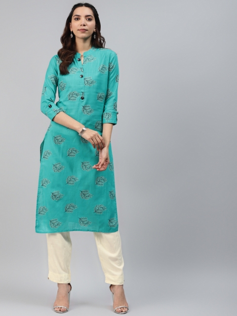 

HIGHLIGHT FASHION EXPORT Women Blue & Cream-Coloured Printed Kurta with Trousers