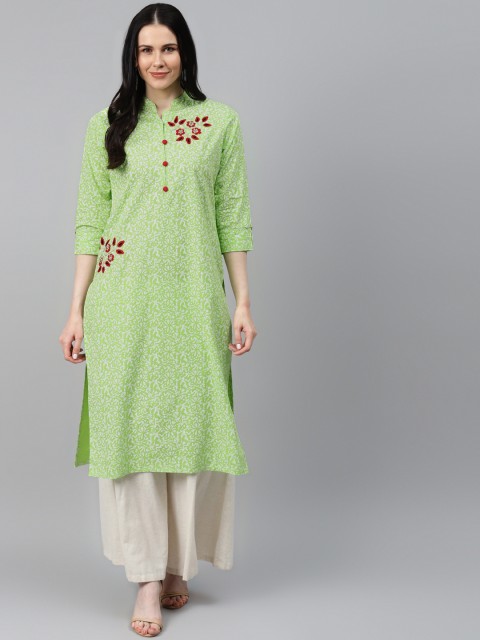 

HIGHLIGHT FASHION EXPORT Women Green Ethnic Motifs Embroidered Phulkari Cotton Kurta
