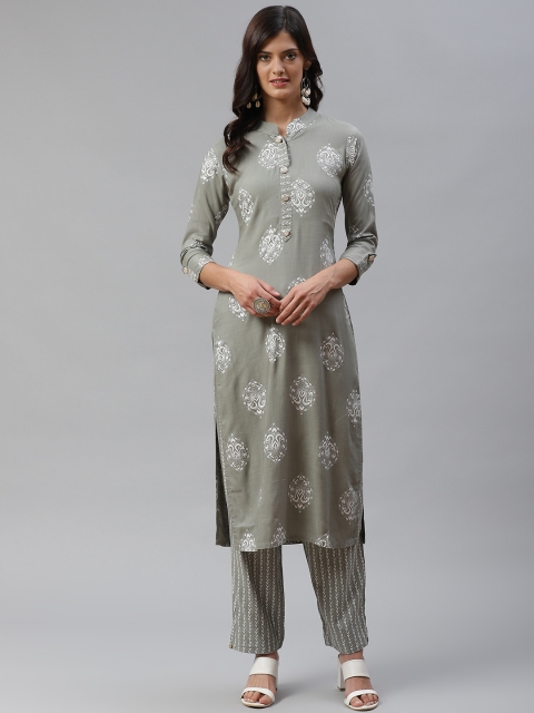 

HIGHLIGHT FASHION EXPORT Women Grey & White Printed Kurta with Trousers