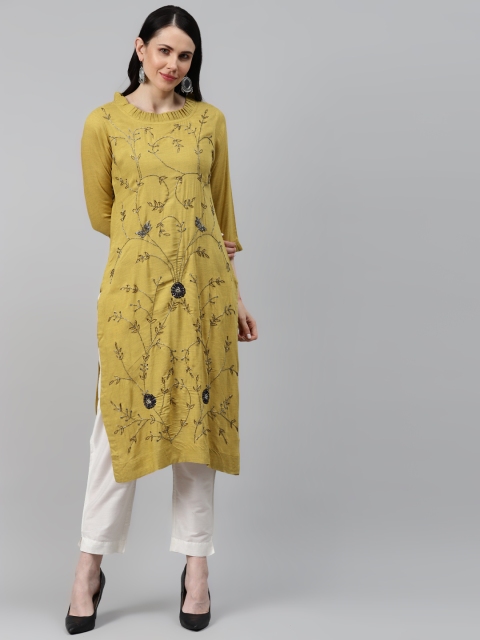 

HIGHLIGHT FASHION EXPORT Women Mustard Yellow & Golden Bell Sleeves Zardozi Handwork Kurta