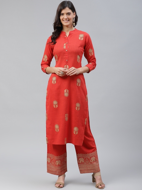 

HIGHLIGHT FASHION EXPORT Women Red & Golden Printed Kurta with Palazzos