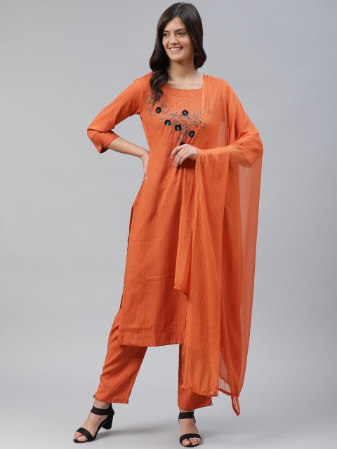 

HIGHLIGHT FASHION EXPORT Women Orange Self-Striped Kurta with Trousers & Dupatta