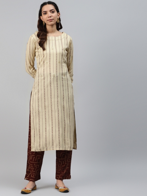 

HIGHLIGHT FASHION EXPORT Women Beige & Maroon Striped Kurta with Trousers