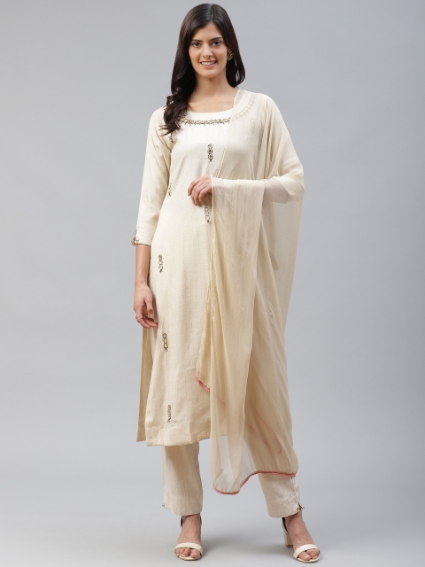 

HIGHLIGHT FASHION EXPORT Women Beige & Golden Woven Design Kurta with Trousers & Dupatta