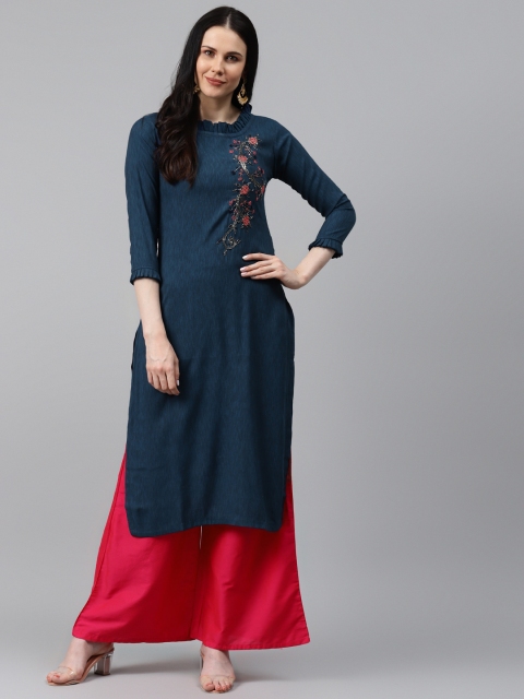 

HIGHLIGHT FASHION EXPORT Women Navy Blue Zardozi Handwork Straight Kurta
