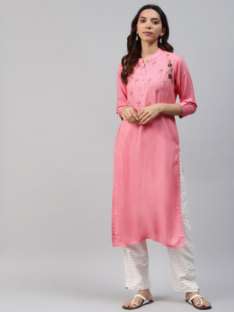 

HIGHLIGHT FASHION EXPORT Women Pink Zardozi Handwork Straight Kurta