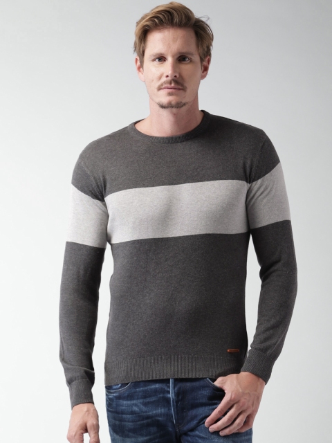 

Mast & Harbour Men Charcoal Grey Colourblocked Sweater