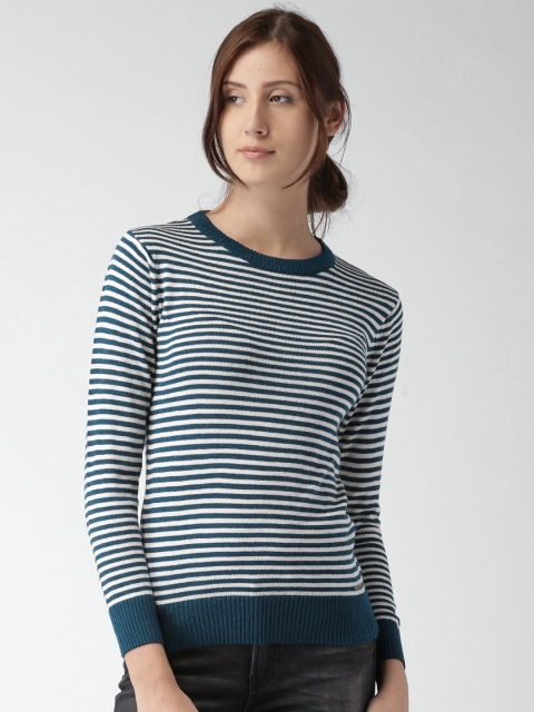 

Mast & Harbour Women Navy & Off-White Striped Sweater, Navy blue