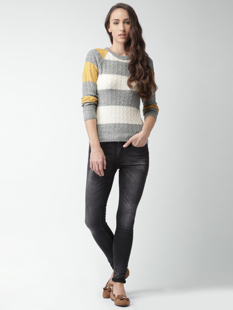 

Mast & Harbour Women Grey & Cream-Coloured Cable Knit Striped Sweater