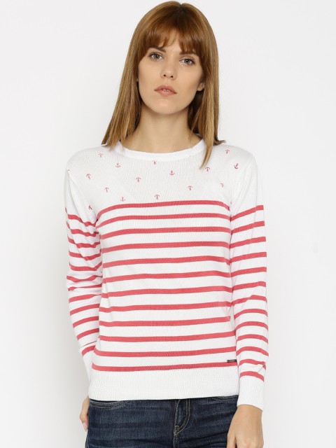 

Mast & Harbour Women White & Coral Red Striped Sweater